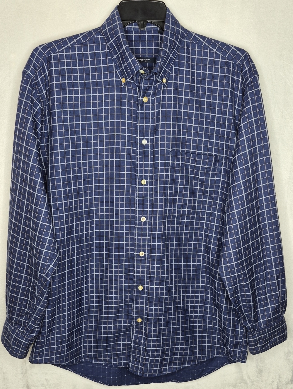Burberry London Embroidered Windowpane Check Shirt Made in USA Blue Men L